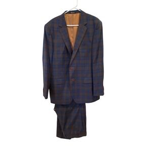 Bresciani Men's Plaid‎ Blazer Suit Blue Brown Wool Blend 46R Jacket 40R Pants